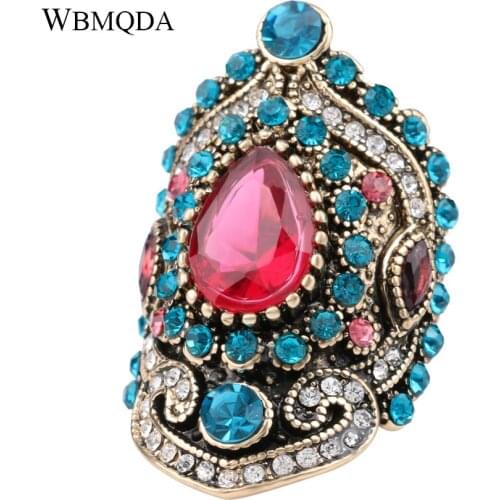 2018 New Bohemian Big Gold Wedding Rings For Women Luxury Ethnic Pink Resin Blue Crystal Crown Ring Vintage Jewelry Love Gifts