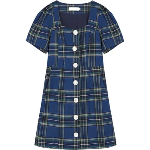PERHAPS U Slash Neck Button Short Sleeve Mini Dress Elegant Summer Women Female Plaid Blue Pocket D2072