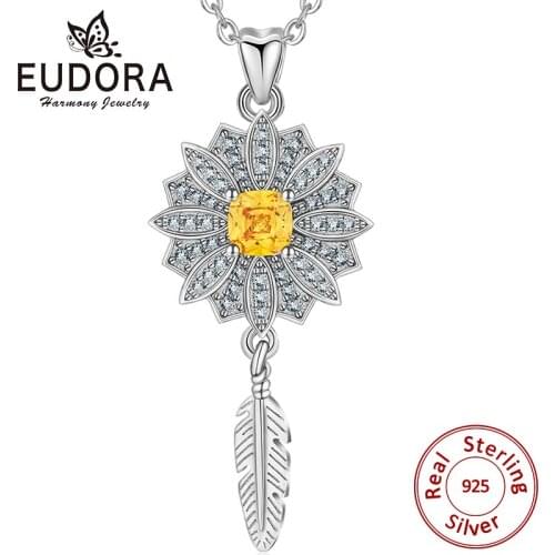 EUDORA 925 Sterling Silver Yellow Color Daisy Flower & Feather Pendant Necklace for Women birthday gift Silver Fine Jewelry D381