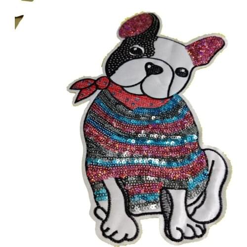 1PC Cute Dog Sequins Fabric Patch Embroidered Iron on Patches For Clothing DIY Decoration Clothes Stripe Stickers Applique Badge