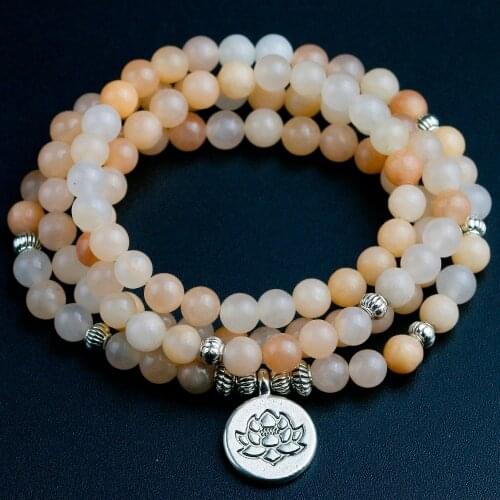 108 Pink Aventurine Natural Stone Mala Bracelet Elasticity Lotus Buddha Charm Bracelet for Women Men Yoga Necklace Dropshipping