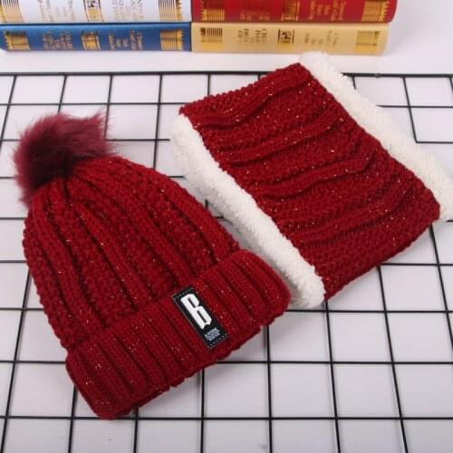 Women Thicken Winter Hat Scarf Set B Letter Knitted Warm Skullies Beanie and Snood For Girls Ladies Outdoor Riding Kit