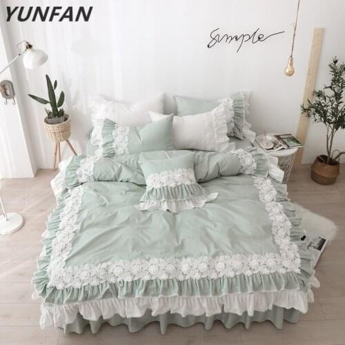 Pure cotton lace Bedding Sets green Japanese Duvet Cover luxury Bed Linen princess bed skirt twin queen king wedding bedclothes