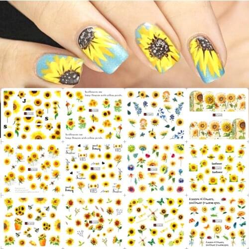 12pcs Sunflower Nail Art Water Stickers Vibrant Girasoles Sliders For Nails Flower Spring Summer Bee Manicure Decor BEA1633-1644