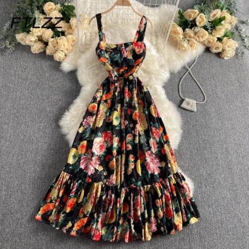 New Retro Women Black Dress Summer Elegant Square Neck Ruffle Party Dress Ladies Beach Floral Printing Long Robe Vestidos Mujer