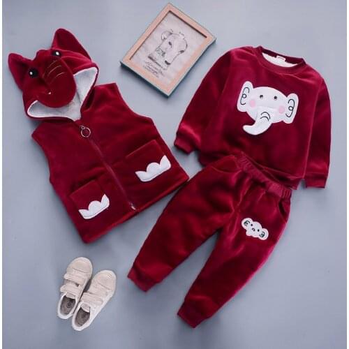 Baby girl clothes gold velvet warm suit cartoon elephant plus velvet thick casual hooded sweater vest baby boy three-piece suit