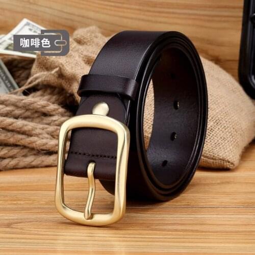 High Quality dark tan Genuine solid Leather Luxury Strap Male Belts For Men Jeans Casual Pin Buckle Masculine Copper buckle belt