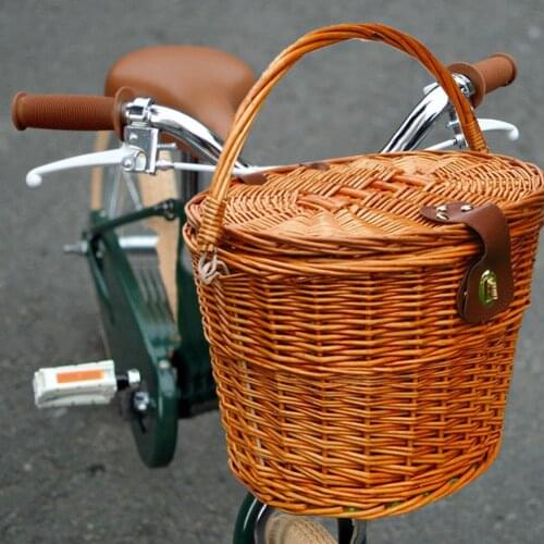 Bike Woven Basket Detachable Front Handlebar With Lid Crate Artificial Weaving Wicker Universal Classical Mtb Bike Accessories