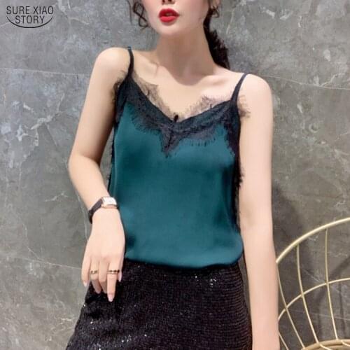 2021 Crop Top Women Clothing Blusas Mujer Summer Sling Satin Sleeveless Blouse Women Casual Sexy Solid Lace Women Shirts 9750