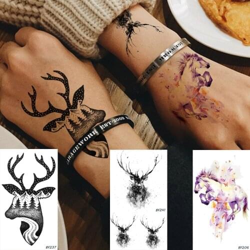 Baofuli Temporary Sticker Black Elk Forest Tattoo Fake Tattoos Women Men Watercolor Unicorn Tatoos Animal Body Arm Make up