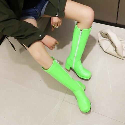 ZawsThia Patent PU Leather Winter Warm Plush Green White Platform Chunky Middle Heels Women Shoes Knee High Riding Fur Boots