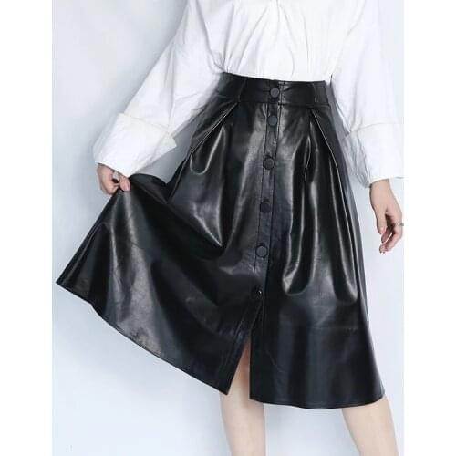 NEW Women Genuine Leather Retro Long Skirt Femme High Waist Buckle Folds Large Swing Sheep Leather Jupe Red Faldas Mujer
