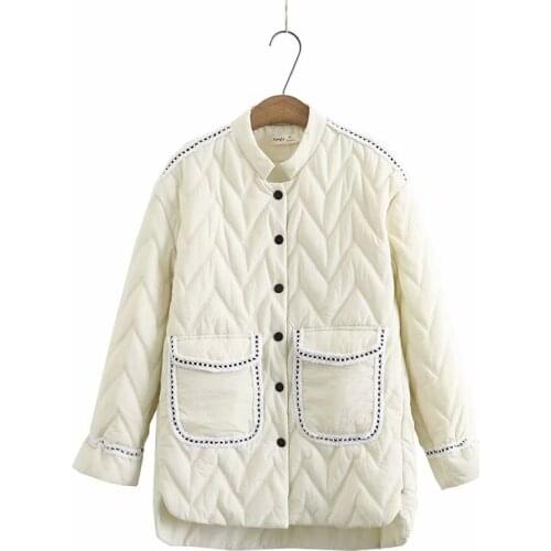 Plus size solid black Beige big pockets women loose Quilted Coats 2021 new winter casual ladies jackets female tops