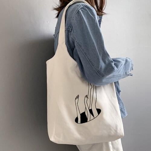 Female Cloth Line Art Canva Bag Eco Friendly Reusable Fashion White and Black Tote Shopping Travel Foldable Large Capacity Totes