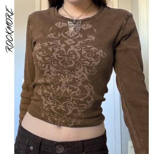 Rockmore Fairycore Print Crop Tops Autumn Long Sleeve T Shirt Women Harajuku Knitted Basic Graphic Tees y2k Retro Grunge Clothes