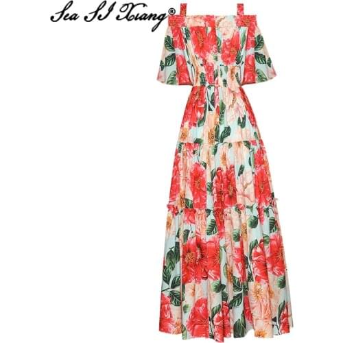 Seasixiang Fashion Designer Summer Maxi Dress Womens Slash neck Flare Sleeve Ruffles Bohemian Long Dresses