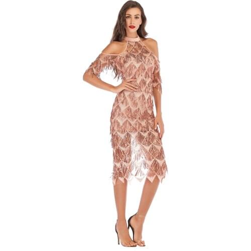 Womens Tassel Sequins Bodycon Party Dress Midi Elegant Halter Neck Off Shoulder Summer Dress Female Slim Club Dresses Robe Femme