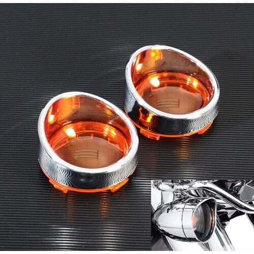 1Pair Chrome Visor-Style Turn Signal Bezels w/Amber Bullet Lens for Harley DYNA Sportster 883XL 1200XL Road King