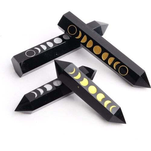1PC Natural Black Obsidian Point Moon Phase Change Symbol Carving Quartz Wand Crystal Stone Obelisk Healing Home Decoration