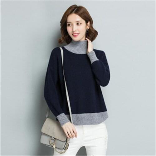 100%goat cashmere turtleneck knit women contrast color loose pullover sweater batwing sleeve dark blue 2color M-L