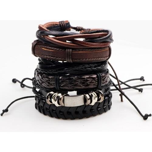 6pcs/set Boho Gypsy Hippie Punk Dark Brown Black Leather Knot Pattern Alloy Charm Layer Stacked Adjustable Bracelets Set for Man