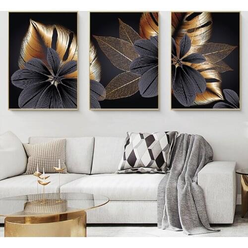 Abstract Black Golden Plant Leaf Canvas Poster Print Modern Home Nordic Decor Wall Art Painting Living Room Decoration Picture