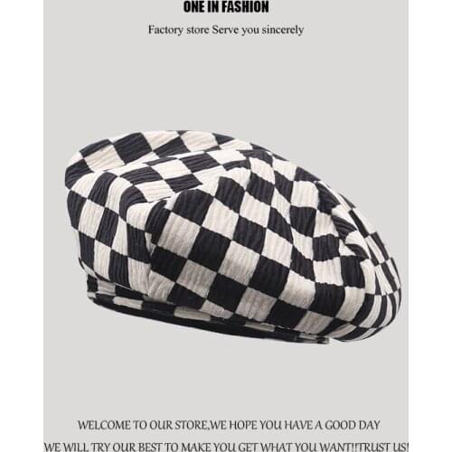 Japanese Minority Chessboard Lattice Beret Female Summer New Fashion Retro Cloud Hat Spring And Autumn Style Large Head Circumfe