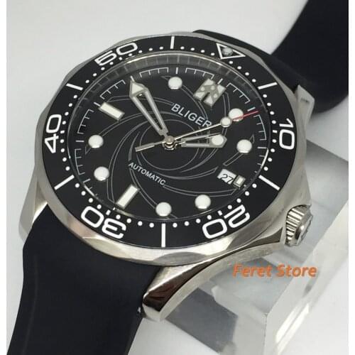 Bliger 2020 new 41mm sapphire glass black ceramic bezel date luminous waterproof rubber strap mens top luxury automatic watch