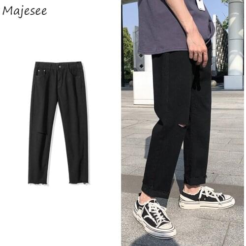 Jeans Men Hole Ankle-length Solid Straight All-match Streetwear Plus Size S-3XL Ins Ulzzang Male Trousers Leisure Trendy Hip