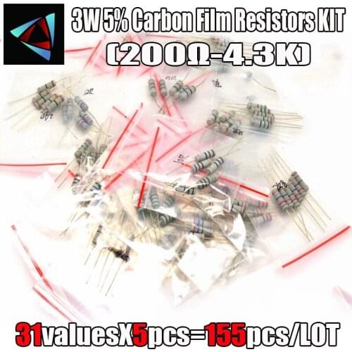 155Pcs 3W 5% 200 ~ 4.3K ohm 31 Values*5pcs Carbon Film Resistors 5% Metal Oxide Film Resistor kit