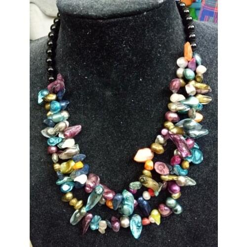 Bohemia style colorful necklace of freshwater pearls and Black Agates Necklace