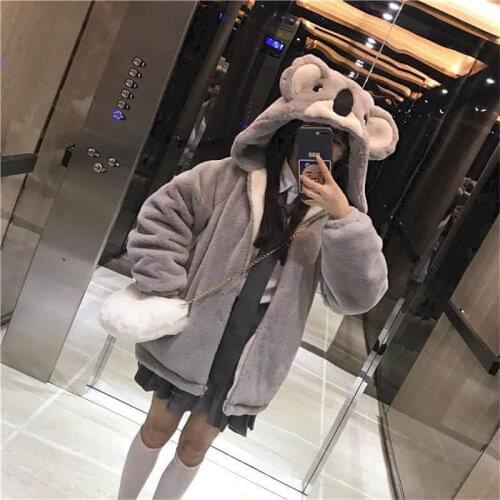 Autumn Winter New Japanese Soft Girl Cute Koala Ear Hooded Jackets Plush Jacket Women 2021 Student Thickened Furry Coats Female
