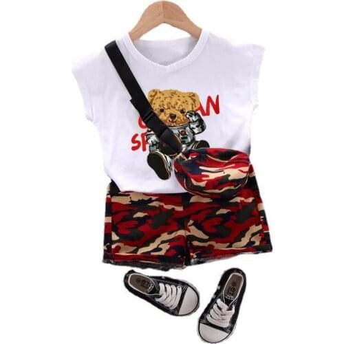 Summer Childrens Clothing Boys Girls Clothes Cartoon Bear Short-Sleeved+Camouflage Shorts+Packet Cute Handsome Two-Piece Suit