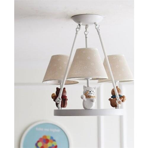 Cartoon animal cat chandeliers lights American childrens bedroom boy living room print cloth shade home hanging lamps fixtures