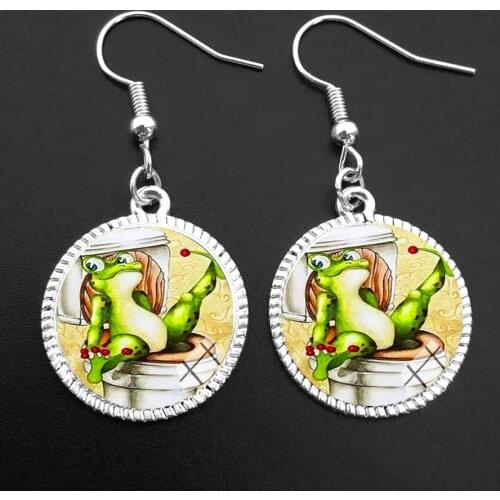 Cute Cartoon Frog on The Toilet Glass Cabochon Drop Earrings Dangle Earrings Toilet Paper Earrings Jewelry Gifts for Girl