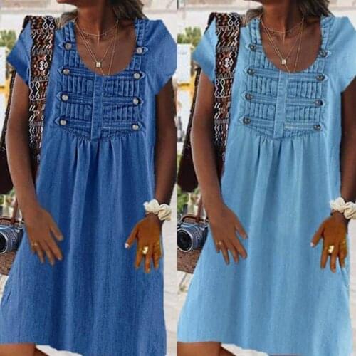 Fashion Women Short Sleeve Ladies Casual Midi Dress Casual Women Solid Color Short Sleeve O Neck Buttons Loose Knee-length Dress