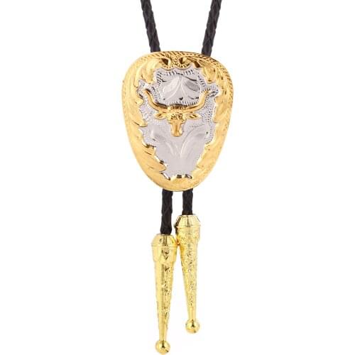 Gold bull head bolo tie cowboy cowgirl for western wedding Bolo tie leather necktie