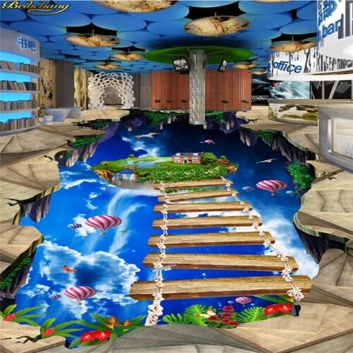 Beibehang Custom photo wallpaper wallpaper floor painted blue sky white cloud wood bridge walkway hall 3D floor outdoor painting