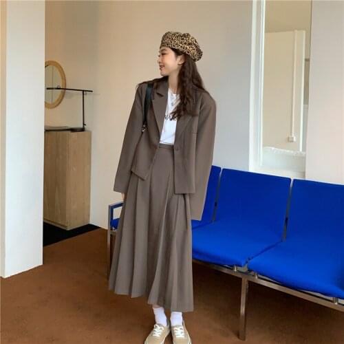 2021 Autumn New Japanese School Uniform Suit Jacket Pleated Skirt Korean Ladies Suit Blazer with High Waist Long Pleated Skirts