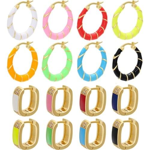 Small Hoop Earring Neon Green Yellow Bright Fluorescent Jewelry Geometric Square Earing Enamel Chunky Gold Stripe Big Circle