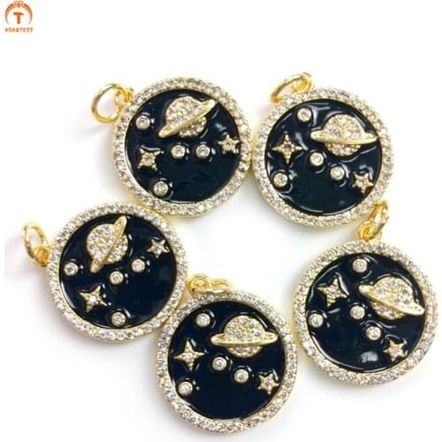5pcs Zircon Micro Cubic Universe Starry Sky Pendant Gold Necklace For Women Charm Circle Round Coin Pendant Charm Earring Making