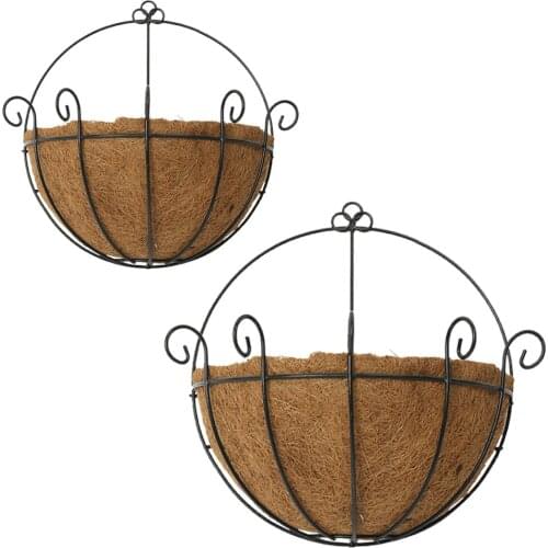 2Pcs Hanging Pot Planter Holder Basket Metal Stand Coconut Shell Round Wrought Chain Indoor Iron Flower Baskets