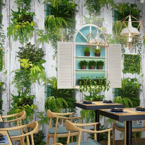 Rural Rustic Wood Plank Wall Papers Home Decor Vintage Bonsai Green Plant Wallpaper For Shop Dining Room Walls Decoration