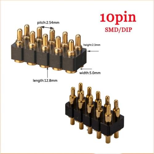 SMD/DIP Spring Loaded Pogo Pin Connector 10 Pin 7.0 mm Height PCB Through Holes Dual Row 2.54 mm Pitch 2x5 Position Gold
