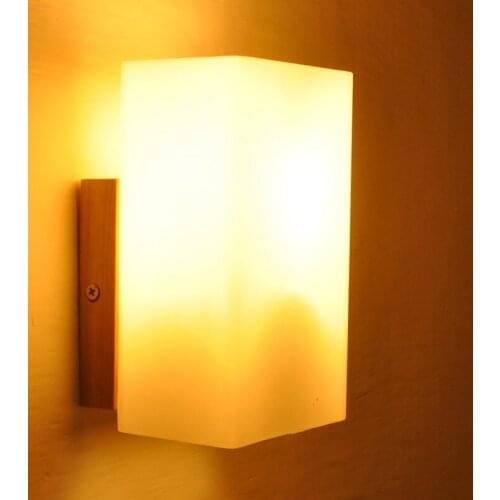 Modern Solid Wood Wall Sconce with Cubic Frosted Glass Shade LED E27 Wall Lamp for Aisle Bedroom Staircase Lighting Fixture