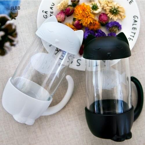 Cute Cat Glass Cup Tea Mug With Fish Infuser Strainer Filter Home Offices 35