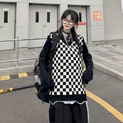 2021 Spring Autumn Sweater Knitted Vest Korean Top for Women Clothing Oversize Vintage Sleeveless Kawaii Harajuku V-Neck Plaid