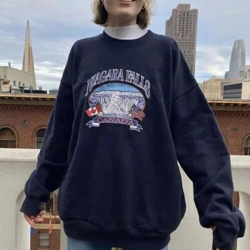 Vintage Waterfall Embroidery Sweatshirts Women Harajuku Y2K Streetwear Casual Long Sleeve Crewneck Oversized Brandy Hoodie Girls