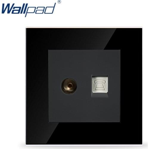 Wallpad TV and TEL Socket Black Crystal Glass Switch 86*86mm Television and Telephone RJ11 Socket Jack, Free Shipping