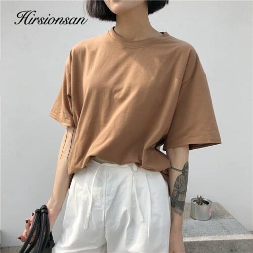Hirsionsan 10 Colors T Shirt Women 2020 New Korean Short Sleeve Solid Tshirts Oversized 100% Cotton Tops Basic Chic Ladies Tees